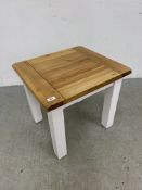 A MODERN LAMP TABLE WITH NATURAL FINISH HARDWOOD TOP WIDTH 50CM. DEPTH 55CM. HEIGHT 51CM.