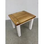 A MODERN LAMP TABLE WITH NATURAL FINISH HARDWOOD TOP WIDTH 50CM. DEPTH 55CM. HEIGHT 51CM.