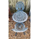 A DECORATIVE CAST METAL GARDEN PATIO BISTRO SET (TABLE AND 2 CHAIRS)