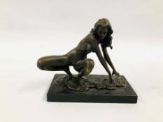 A BRONZE FIGURE OD A NUDE LADY MOUNTED ON PLINTH BEARING MAKERS MARK "J.