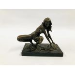 A BRONZE FIGURE OD A NUDE LADY MOUNTED ON PLINTH BEARING MAKERS MARK "J.