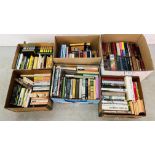 SIX BOXES OF ASSORTED BOOKS TO INCLUDE NOVELS, REFERENCE AND CLASSICS.