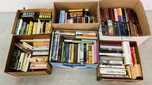 SIX BOXES OF ASSORTED BOOKS TO INCLUDE NOVELS, REFERENCE AND CLASSICS.