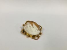 A VINTAGE 9CT GOLD CAMEO BROOCH IN AN ORNATE OVAL SETTING, W 4CM X H 5CM.