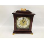 FRANZ HERMIE MAHOGANY CASED MANTEL CLOCK WITH WESTMINSTER CHIME AND KEY HEIGHT 30.5CM. WIDTH 28CM.