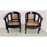 A PAIR OF HOOF BACK MAHOGANY CHAIRS WITH BERGER WORK BACK AND SEAT.
