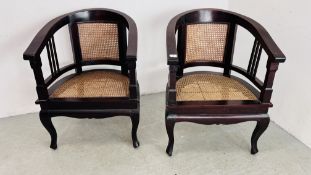 A PAIR OF HOOF BACK MAHOGANY CHAIRS WITH BERGER WORK BACK AND SEAT.