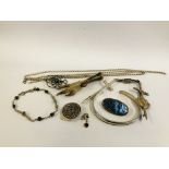 A GROUP OF SILVER TO INCLUDE THREE BROOCHES, TWO SILVER DAGGER BROOCHES,