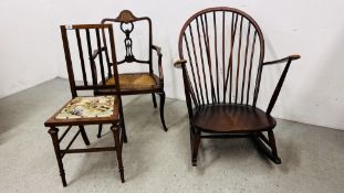 3 VARIOUS CHAIRS TO INCLUDE EDWARDIAN MAHOGANY AND INLAID ARM CHAIR WITH RUSH SEAT,