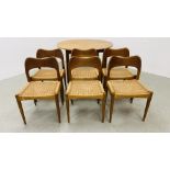 DANISH MID-CENTURY TEAK EXTENDING CIRCULAR DINING TABLE (2 LEAVES) ALONG WITH A SET OF SIX DANISH