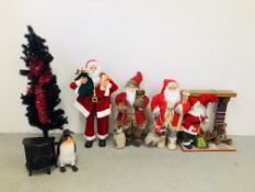 THREE NOVELTY FATHER CHRISTMAS FIGURES THE TALLEST 105CM ALONG WITH CHRISTMAS FIRE PLACE SCENE W