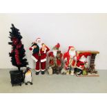 THREE NOVELTY FATHER CHRISTMAS FIGURES THE TALLEST 105CM ALONG WITH CHRISTMAS FIRE PLACE SCENE W