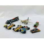 A GROUP OF VINTAGE TIN PLATE CARS, VEHICLES, TRAIN AND A PLANE INCLUDING STP CHAMPION 21,
