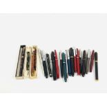 A COLLECTION OF 20 ASSORTED VINTAGE PENS TO INCLUDE PLATIGNUM AND EXAMPLES HAVING NIBS MARKED 14K