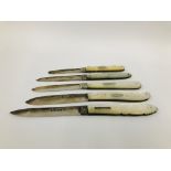 A GROUP OF FIVE VINTAGE SILVER AND MOTHER OF PEARL FRUIT/PEN KNIVES