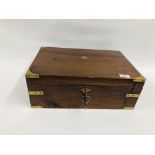 VINTAGE MAHOGANY CASED WRITING SLOPE WITH BRASS BANDING AND KEYS WIDTH 45CM. DEPTH 31CM. HEIGHT 16.