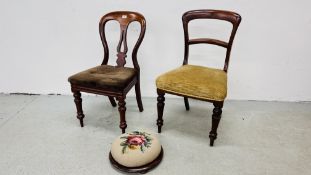 TWO VICTORIAN MAHOGANY SIDE CHAIRS WITH STUFF OVER SEATS ALONG WITH A CIRCULAR FOOTSTOOL WITH