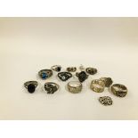 11 X ASSORTED SILVER AND WHITE METAL RINGS ALONG WITH THREE WHITE METAL CHARMS.