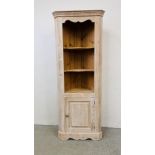 WAXED PINE SINGLE DOOR CORNER CUPBOARD, H 190CM.