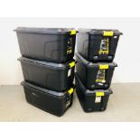 SIX HEAVY DUTY 145 LITRE PADLOCKABLE STACKING STORAGE BOXES.