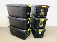 SIX HEAVY DUTY 145 LITRE PADLOCKABLE STACKING STORAGE BOXES.