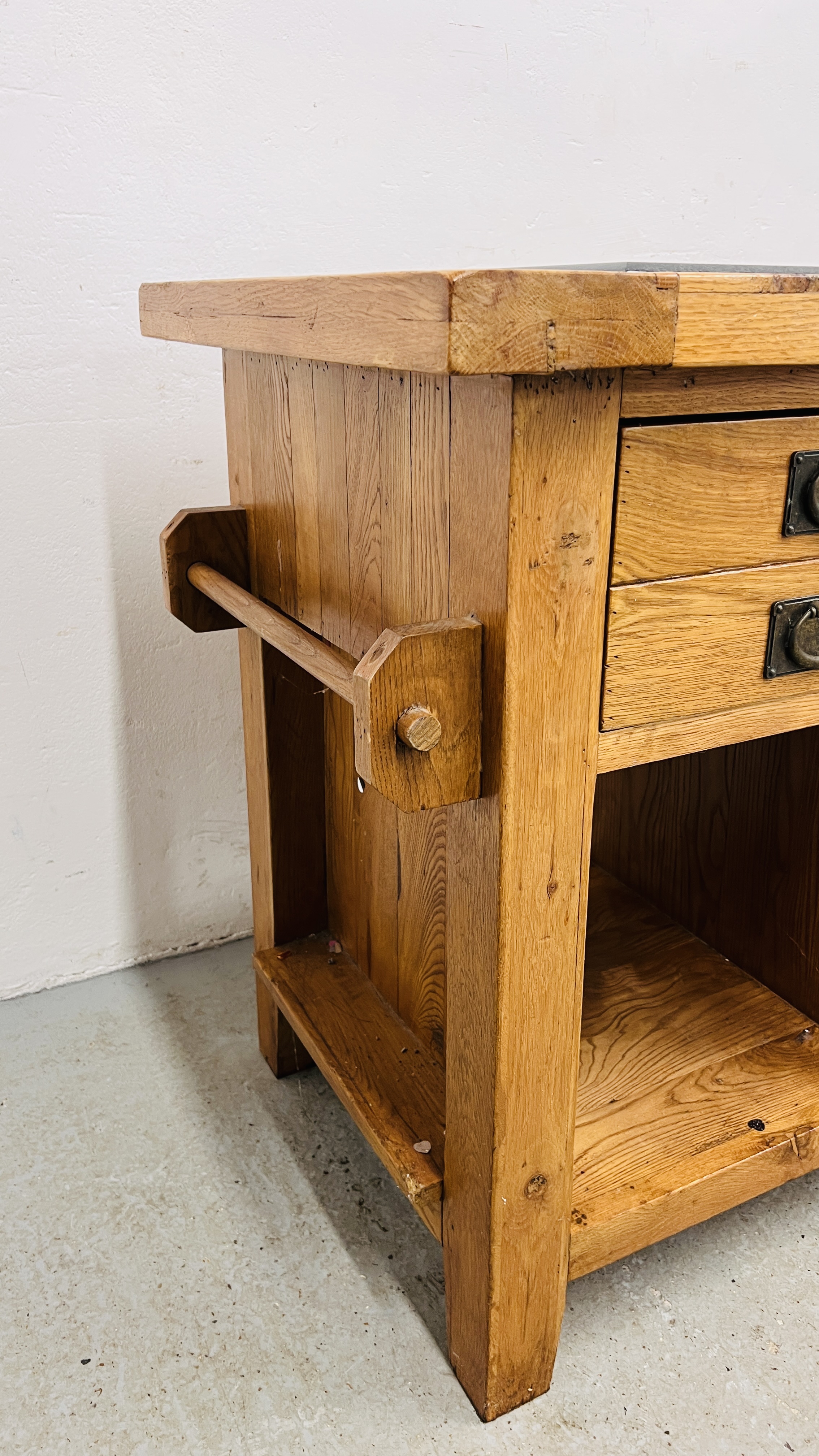 A SOLID OAK MARBLE TOPPED KITCHEN ISLAND WITH TWO SLIDE THROUGH DRAWERS AND SINGLE CENTRAL DOOR, - Image 10 of 21