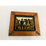 A VINTAGE FRAMED REVERSE PAINTING A BATTLE SCENE,