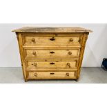 AN ANTIQUE WAXED PINE FOUR DRAWER CHEST OF DRAWERS, W 116CM, D 56.5CM, H 97CM.