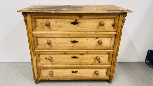 AN ANTIQUE WAXED PINE FOUR DRAWER CHEST OF DRAWERS, W 116CM, D 56.5CM, H 97CM.