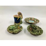 MAJOLICA FIGURAL CAT AND BASKET UNMARKED ALONG WITH A SMALL PAIR OF PORTUGESE MAJOLICA MAFRA CALDAS