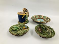 MAJOLICA FIGURAL CAT AND BASKET UNMARKED ALONG WITH A SMALL PAIR OF PORTUGESE MAJOLICA MAFRA CALDAS