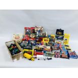 A LARGE COLLECTION OF VINTAGE AND MODERN VEHICLES INCLUDING CORGI, MATCHBOX, VOITURE, SCALEXTRIC,