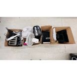 FOUR BOXES OF ASSORTED HOUSEHOLD ELECTRICALS TO INCLUDE FANS, KETTLE AND TOASTER, WH SMITH SHREDDER,