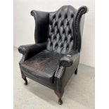 BLACK LEATHER BUTTON BACK WINGED CHAIR FOR RESTORATION