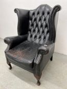 BLACK LEATHER BUTTON BACK WINGED CHAIR FOR RESTORATION