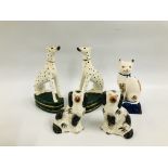 PAIR OF STAFFORDSHIRE STYLE DALMATIONS, PAIR OF SPANIELS (A/F), STAFFORDSHIRE STYLE CAT.