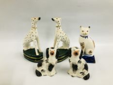 PAIR OF STAFFORDSHIRE STYLE DALMATIONS, PAIR OF SPANIELS (A/F), STAFFORDSHIRE STYLE CAT.