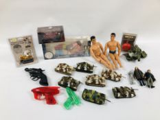 COLLECTION OF VINTAGE TOYS INCLUDING ACTION MAN, YO YO, DOCTOR WHO FIGURES, PETER RABBIT SKITTLES,
