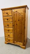 HONEY PINE SIX DRAWER TALLBOY WITH SINGLE DOOR WIDTH 91CM. WIDTH 56CM. HEIGHT 141CM.