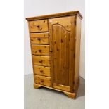 HONEY PINE SIX DRAWER TALLBOY WITH SINGLE DOOR WIDTH 91CM. WIDTH 56CM. HEIGHT 141CM.