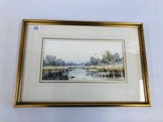 COLIN BURNS "TEAL IN THE BROAD FILBY" WATERCOLOUR SIGNED 15 X 30CM.