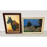 AN ORIGINAL FRAMED OIL ON BOARD DEPICTING A RACING HORSE AND CARRIAGE,