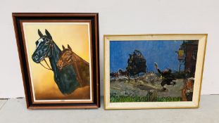 AN ORIGINAL FRAMED OIL ON BOARD DEPICTING A RACING HORSE AND CARRIAGE,
