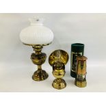 DECORATIVE VINTAGE BRASS OIL LAMP WITH SHAPED WHITE GLASS SHADE ALONG WITH A VINTAGE BRASS