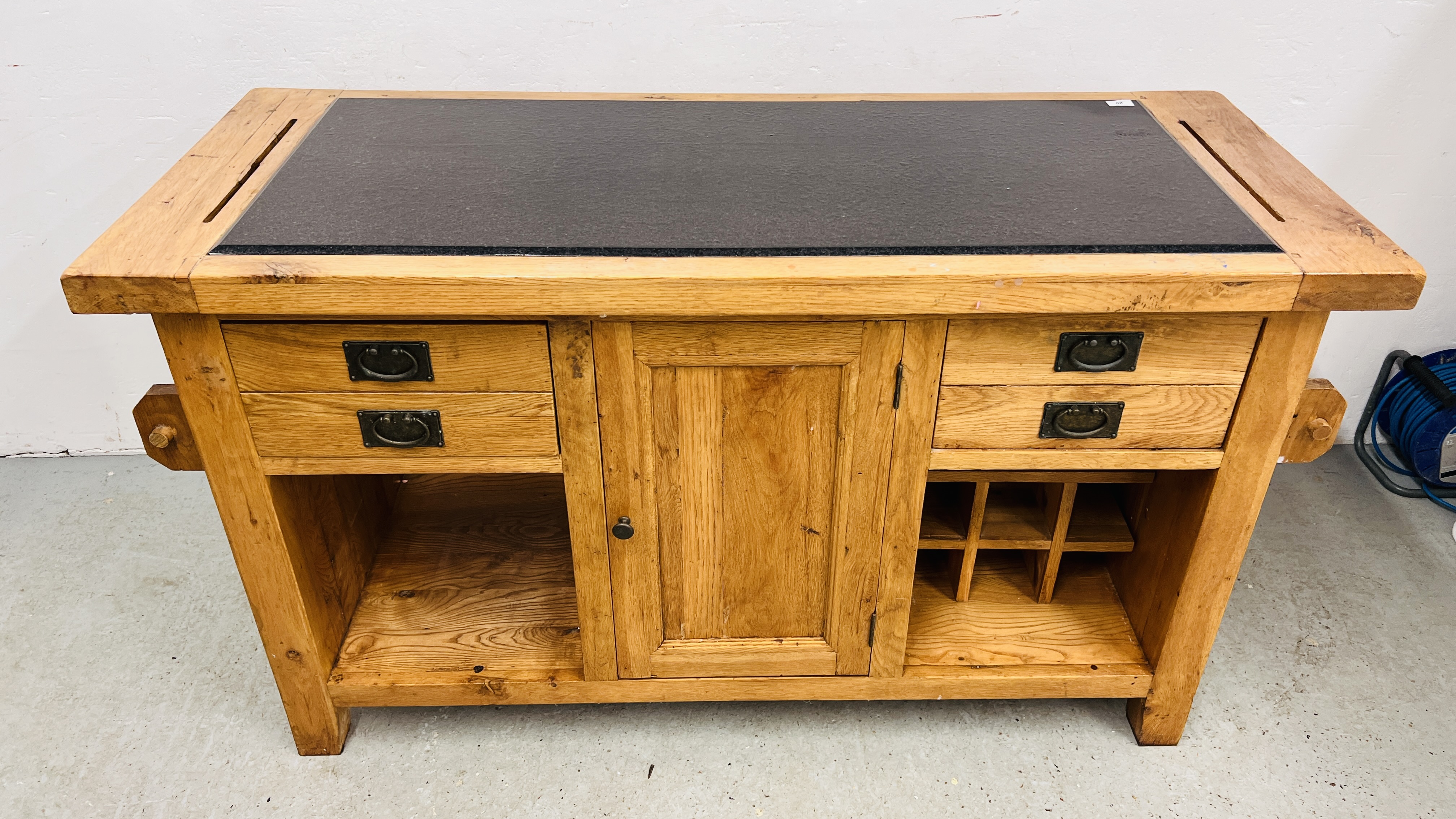 A SOLID OAK MARBLE TOPPED KITCHEN ISLAND WITH TWO SLIDE THROUGH DRAWERS AND SINGLE CENTRAL DOOR, - Image 2 of 21