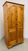 HONEY PINE TWO DOOR WARDROBE HEIGHT 189CM. DEPTH 56CM.