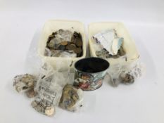 TWO TUBS CONTAINING A QUANTITY OF MIXED ENGLISH AND FOREIGN COINAGE.