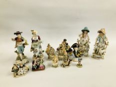 A GROUP OF VINTAGE BRITISH AND CONTINENTAL FIGURINES AND CABINET ORNAMENTS INCLUDING A MATCH