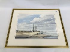 GRAHAM HOWLETT WATERCOLOUR, SUFFOLK ESTUARY WITH BEACHED BOATS, W 53CM X H 36.5CM.