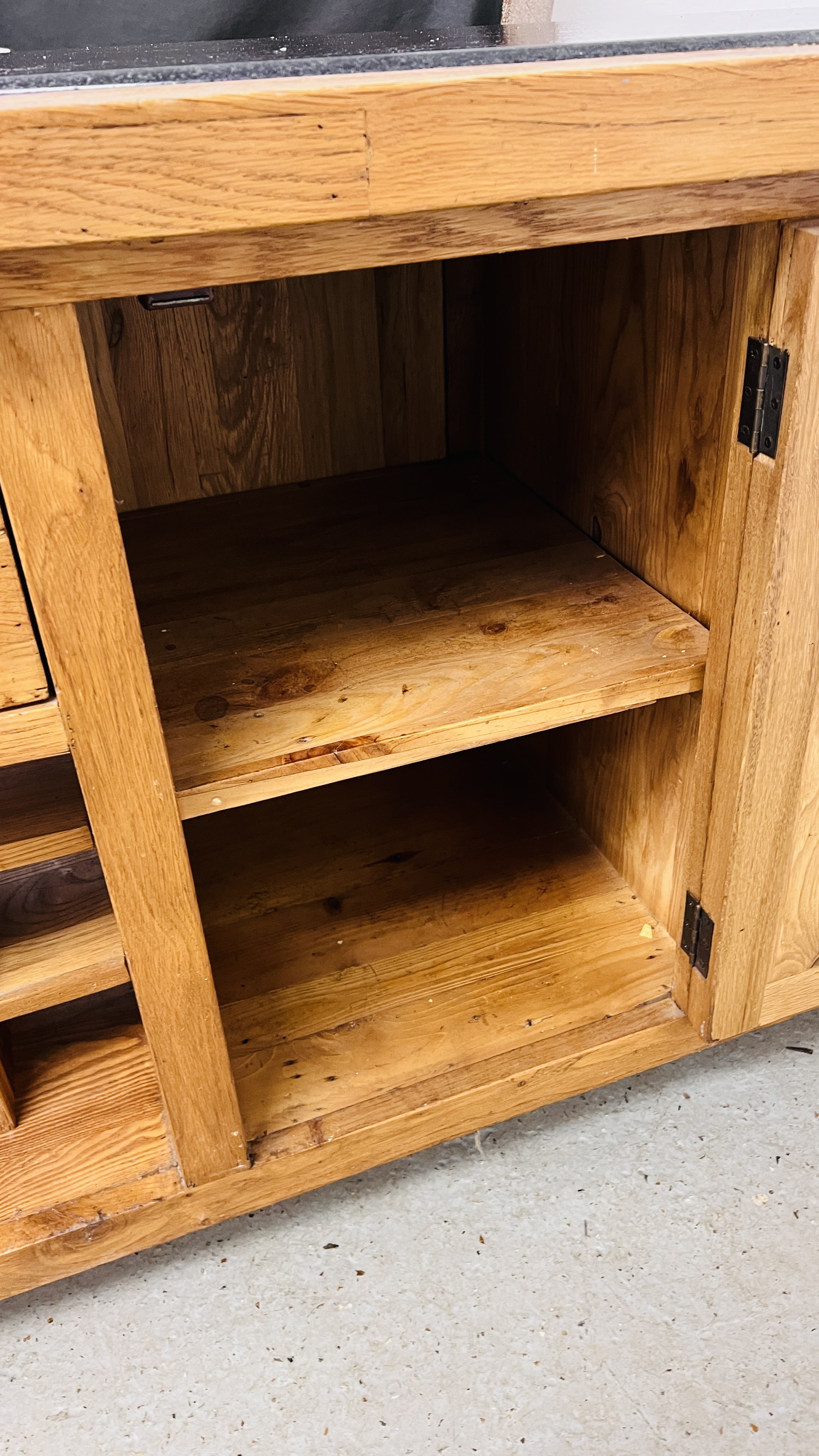 A SOLID OAK MARBLE TOPPED KITCHEN ISLAND WITH TWO SLIDE THROUGH DRAWERS AND SINGLE CENTRAL DOOR, - Image 21 of 21